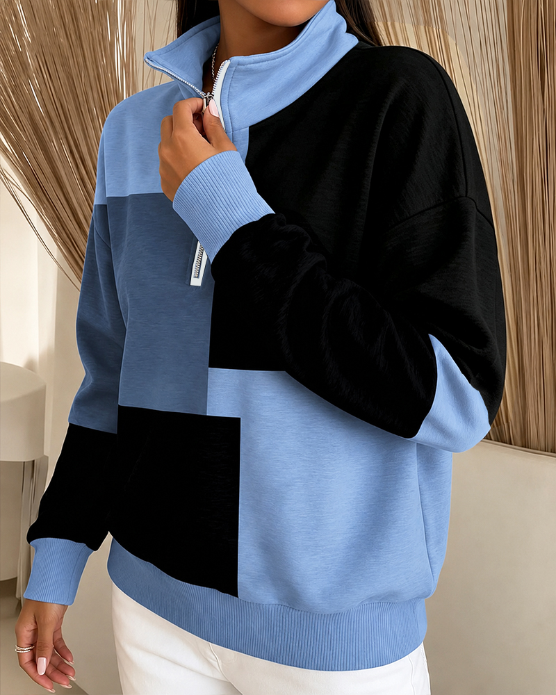 Sweatshirt Karo Farbblock Reißverschluss Stehkragen