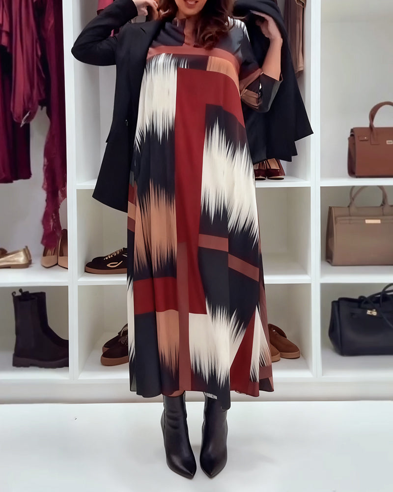 Modisches bedrucktes Kleid mit Rundhalsausschnitt und langen Ärmeln