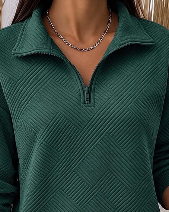 Sweatshirt Einfarbig Halber Reißverschluss Reverskragen