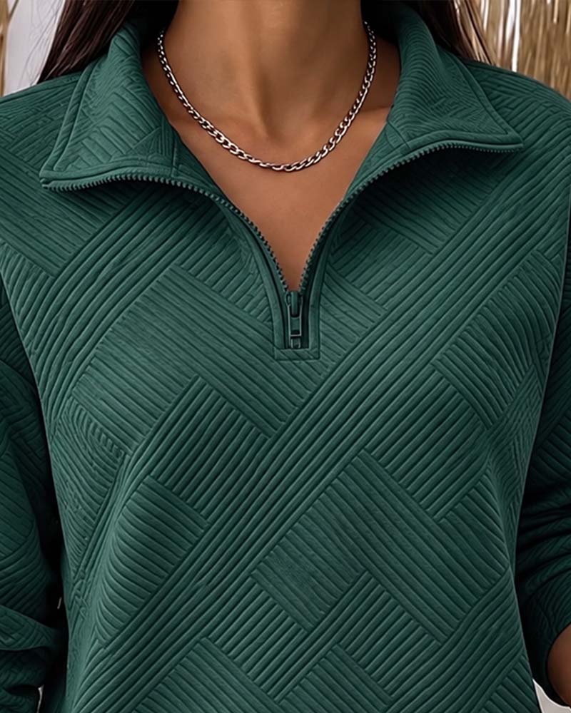 Sweatshirt Einfarbig Halber Reißverschluss Reverskragen