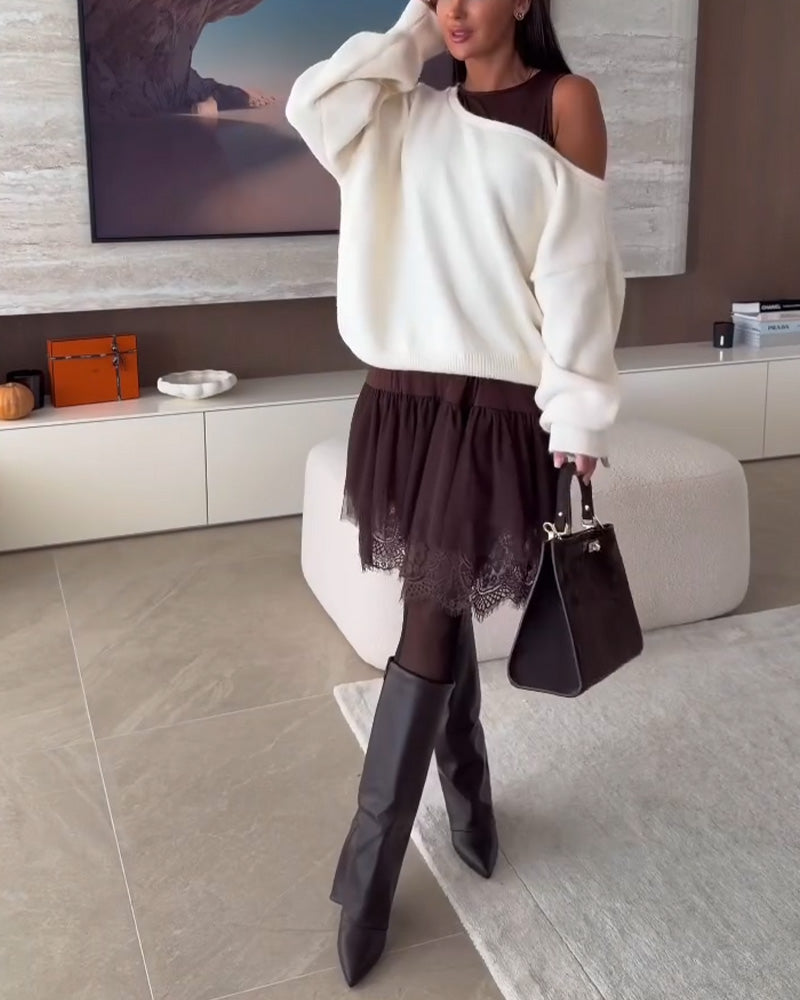 Off-Shoulder Locker Pullover & Spitzensaum Kleid