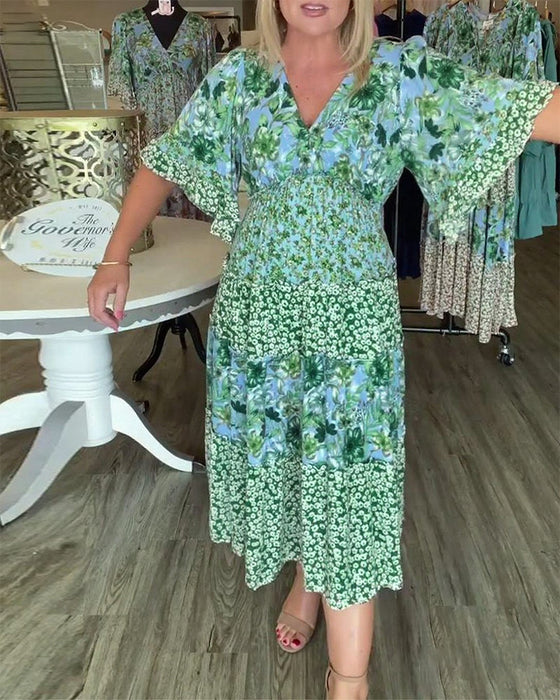 Kleid V-Ausschnitt Lotusärmel Blume