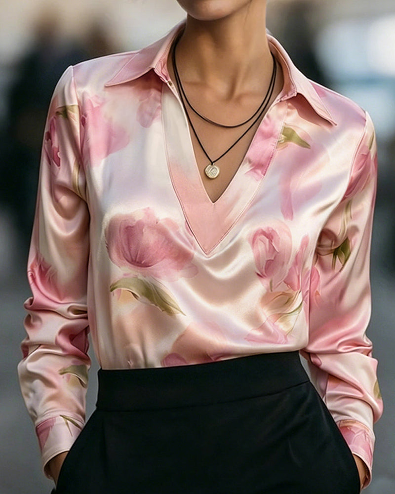 Bluse Revers V-Ausschnitt Blumenprint Langarm