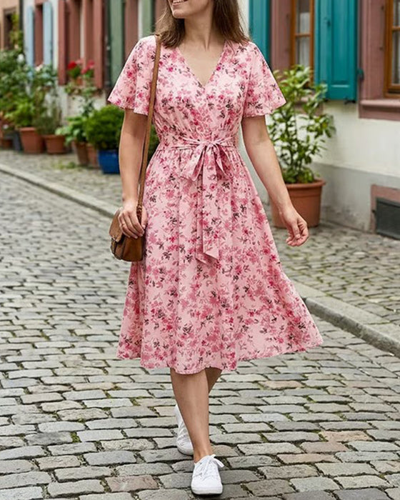 Kleid V-Ausschnitt Blumen A-Linie