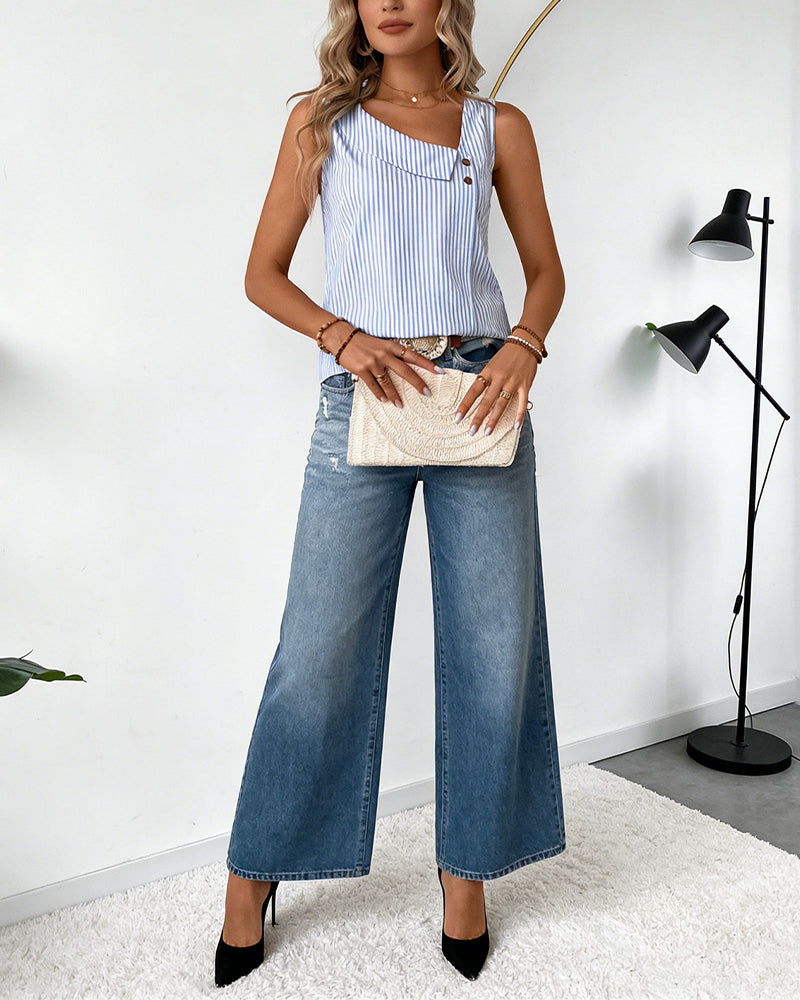 Tank Top Gestreift Ärmellos Asymmetrisch