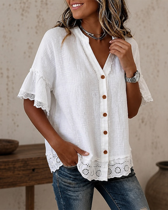 Bluse V-Ausschnitt Spitze Patchwork Knopf