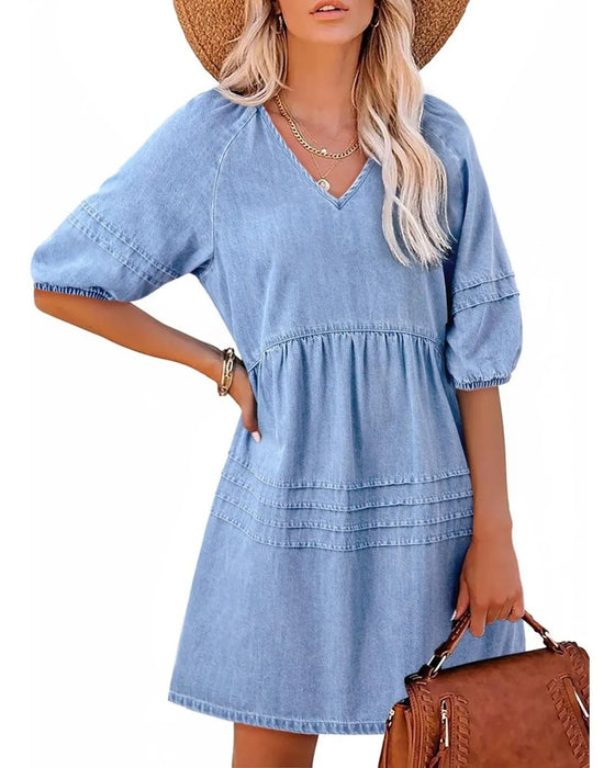 Kleider Denim V-Ausschnitt Puff Ärmel