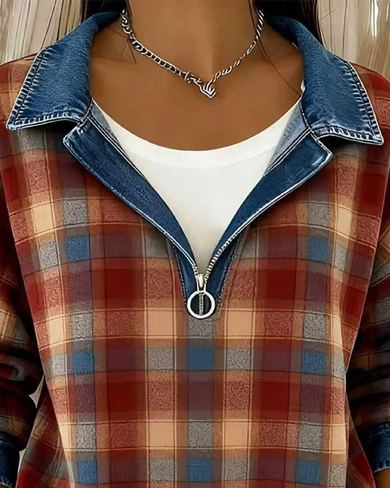 Top Denim Kragen Karo Halb-Reißverschluss