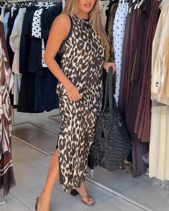 Kleid Rundhals Leopardenmuster Ärmellos Maxi
