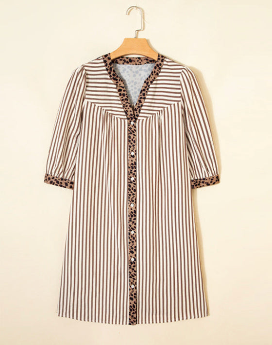 Kleid Gestreift Leopard Patchwork Hemd