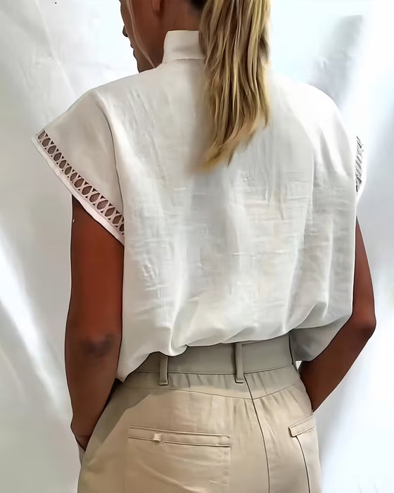 T-Shirt Halber Rollkragen Ärmellos Durchbrochen