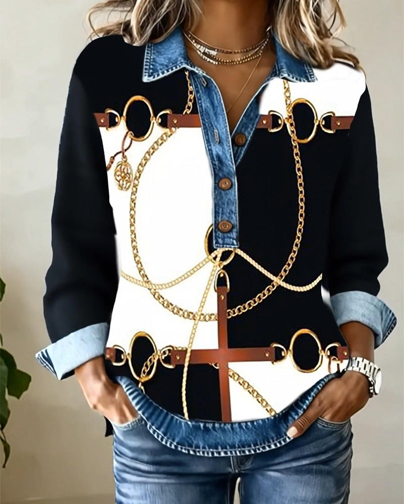 Sweatshirt Denim Patchwork Kettenprint