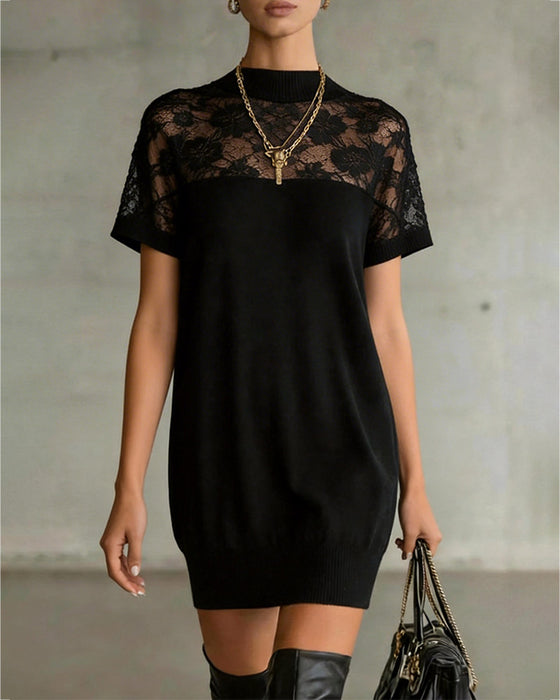 Kleid Spitzeneinsatz Mock Neck