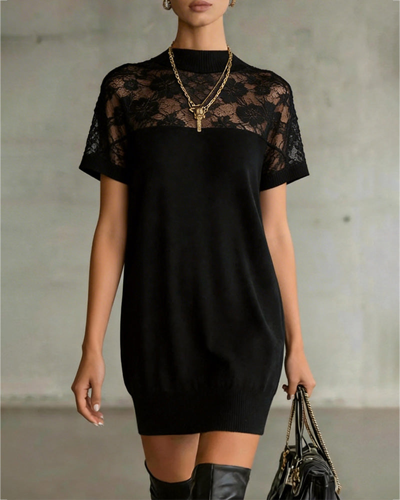 Kleid Spitzeneinsatz Mock Neck