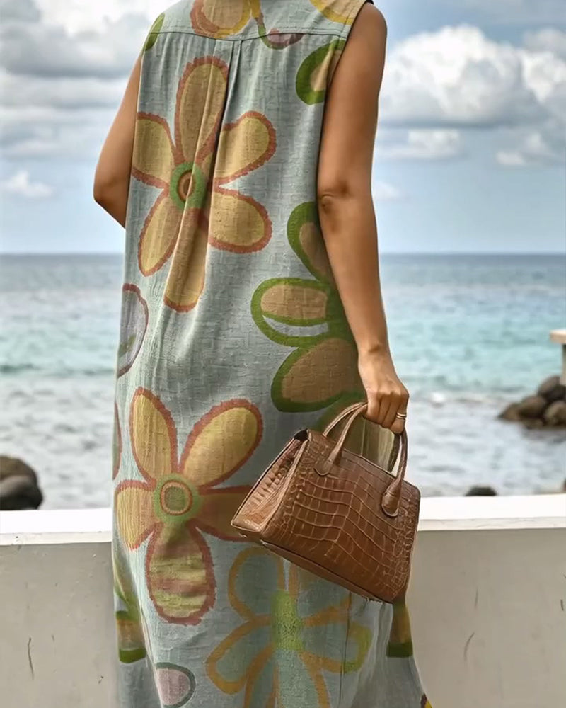 Kleid Aquarellprint Lang Ärmelloses Hemd