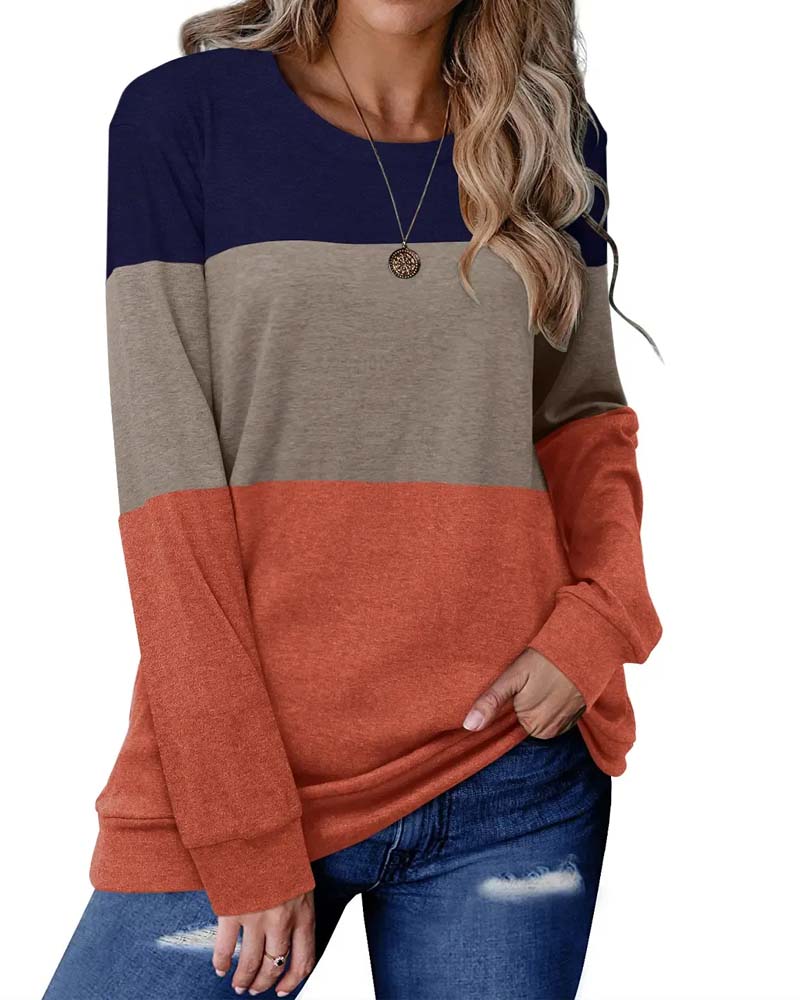 Top Dreifarbig Patchwork Langarm