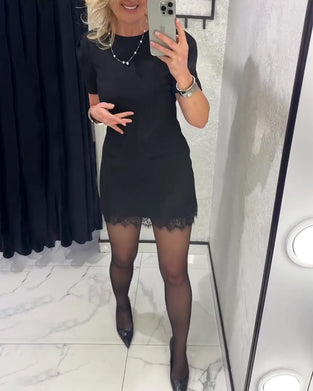 Kleid Puffärmel Spitze Patchwork