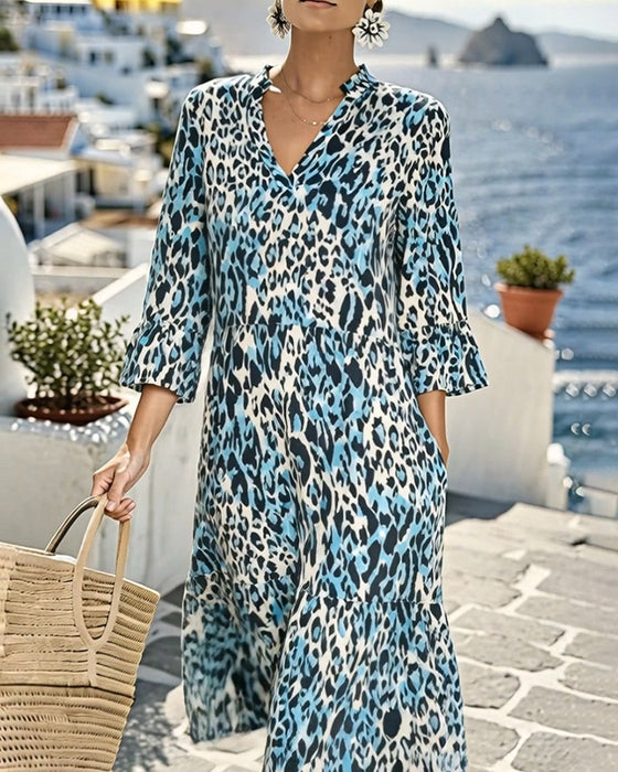 Kleid Rüsche Verlauf V-Ausschnitt Leopard