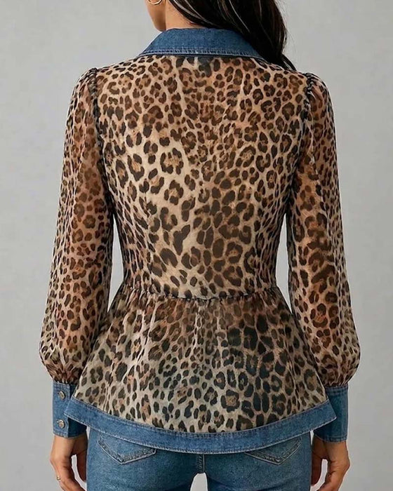 Bluse Denim Leopard Patchwork Tailliert