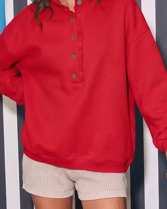 Sweatshirt Rüsche Geknöpft Langarm Locker