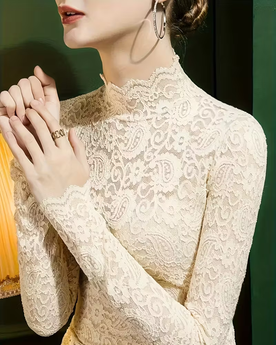 Top Elegant Unifarben Halbausschnitt Langarm Spitze