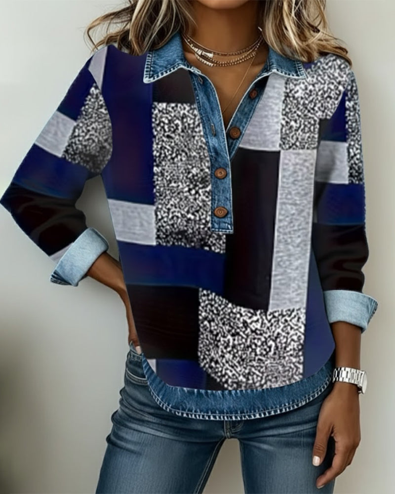 Sweatshirt Denim Patchwork-Print casual