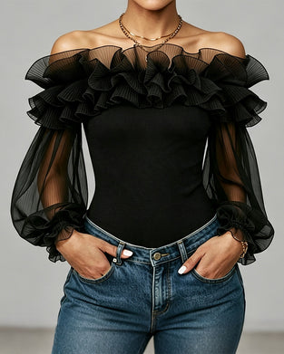 Top Off-Shoulder Mesh Rüschen Einfarbig