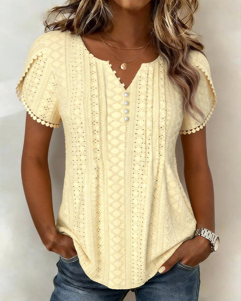 Bluse mit V-Ausschnitt Perlenknöpfe Spitze