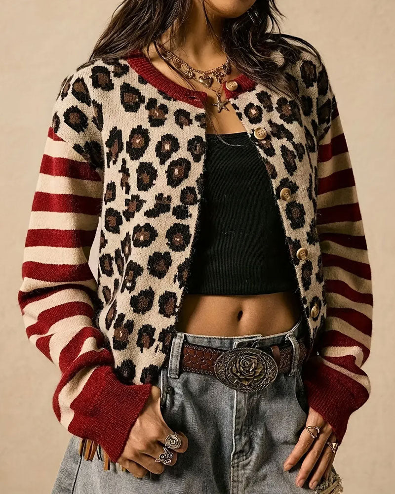 Strickjacke Leopardenstreifen Farbblock Knopf