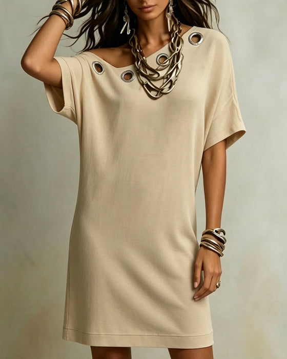 Kleid Einfarbig Ein-Schulter-Ring T-Shirt