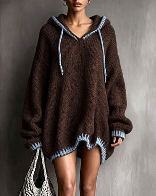 Strickkleid Kontrast Kordelzug Kapuze