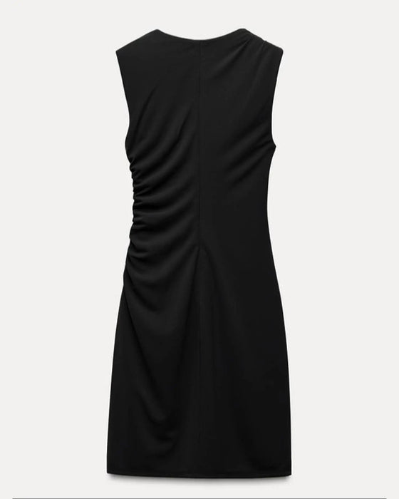 Kleid Uni Farbe Rundhalsausschnitt Ärmellos Gerafft Asymmetrisch