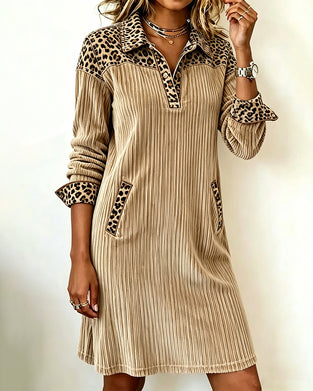 Kleid Cord Leopardenmuster Patchwork Revers Schlicht