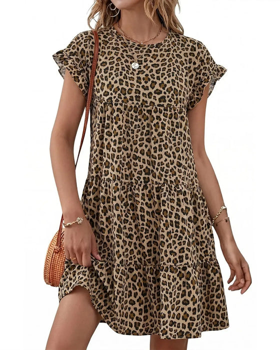 Kleid Rüsche Ärmel Leopard Gestuft