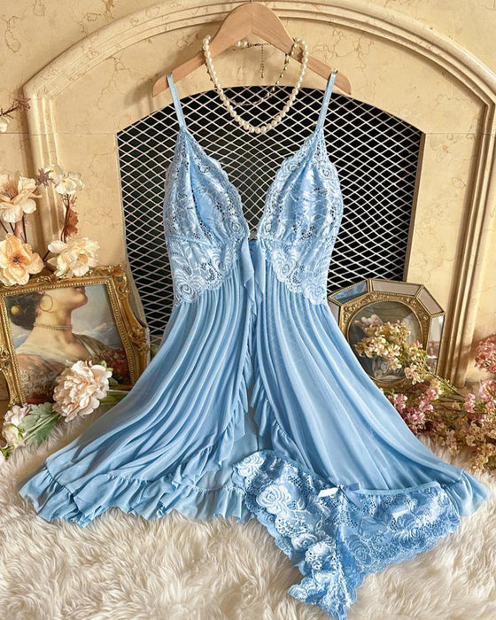 Cami Nachthemd & Schleifen-Deko Slip Set Damen Sexy Rüschenbesatz Spitze