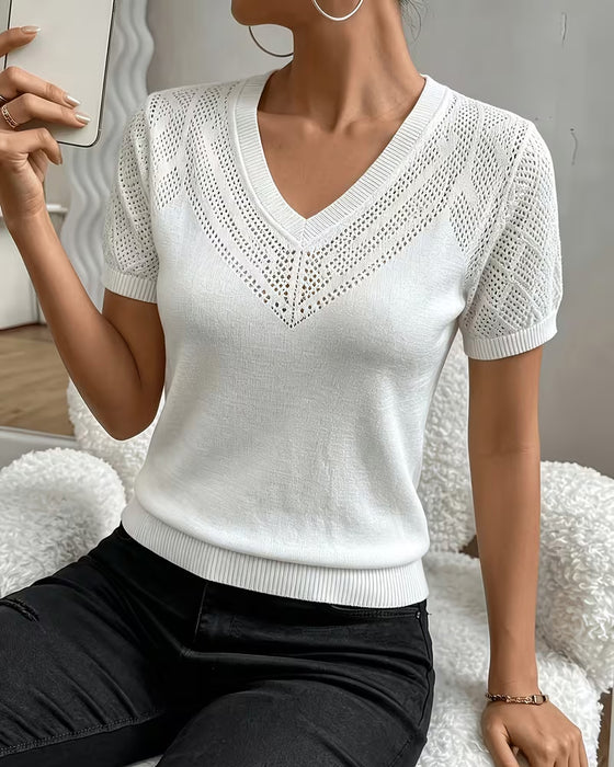 Einfarbige Figurbetonte Pullover Mit V-Ausschnitt Und Lochmuster