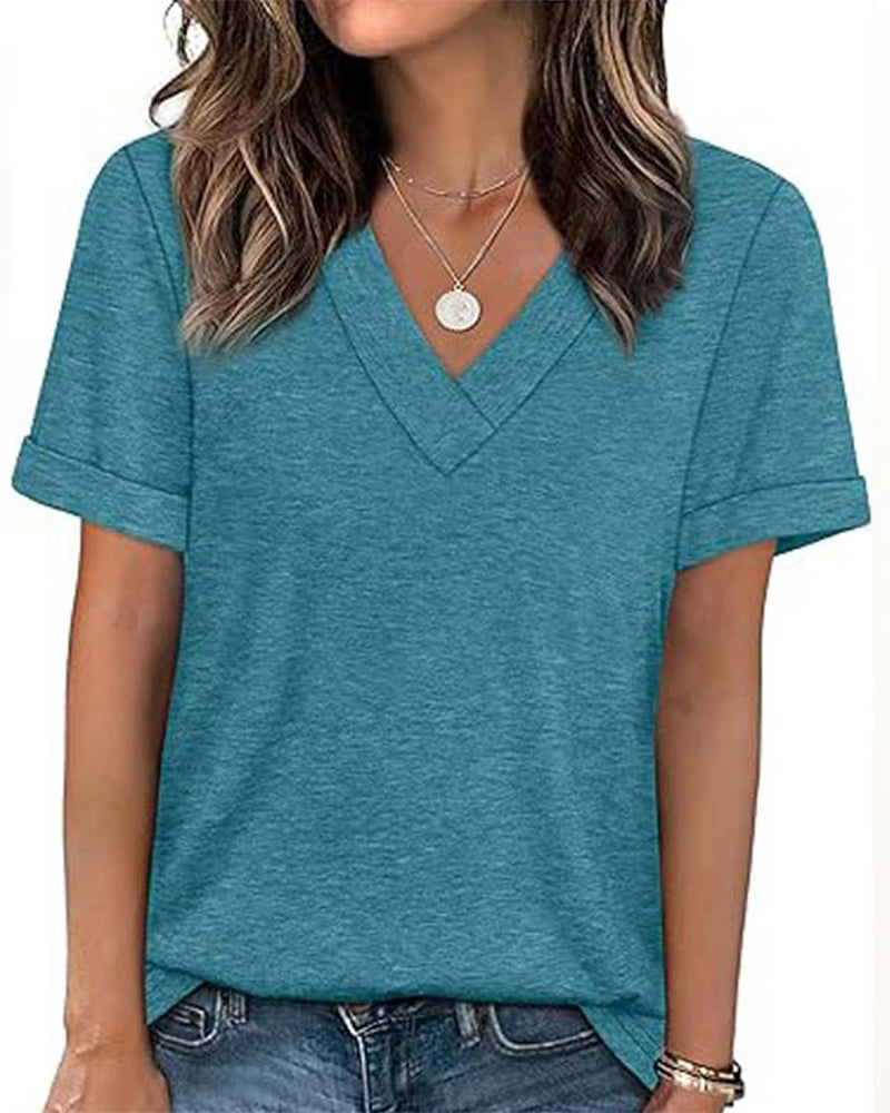 T-Shirt Einfarbig V-Ausschnitt Lässig Kurzarm