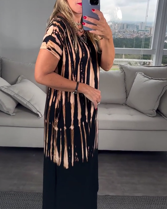 Kleid lässig kurzarm Schlitz Rundhals bedruckt