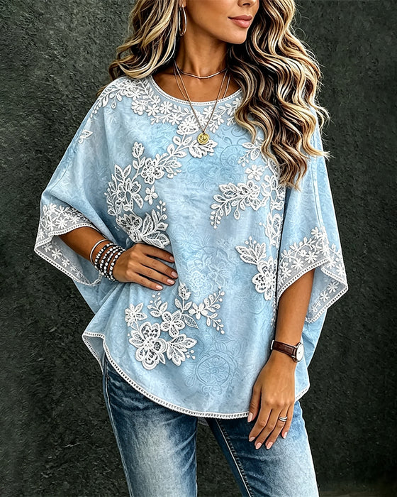 Weite Bluse Rundhals Florales Muster
