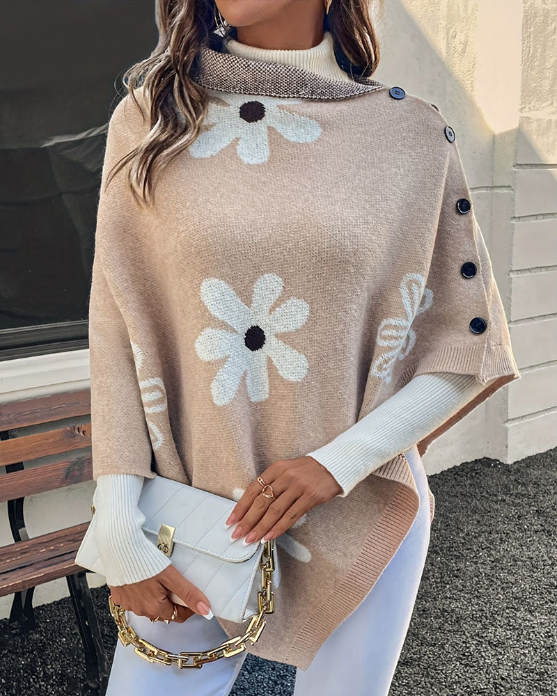 Pullover Gänseblümchenmuster Seitenknopf Schal Sweater