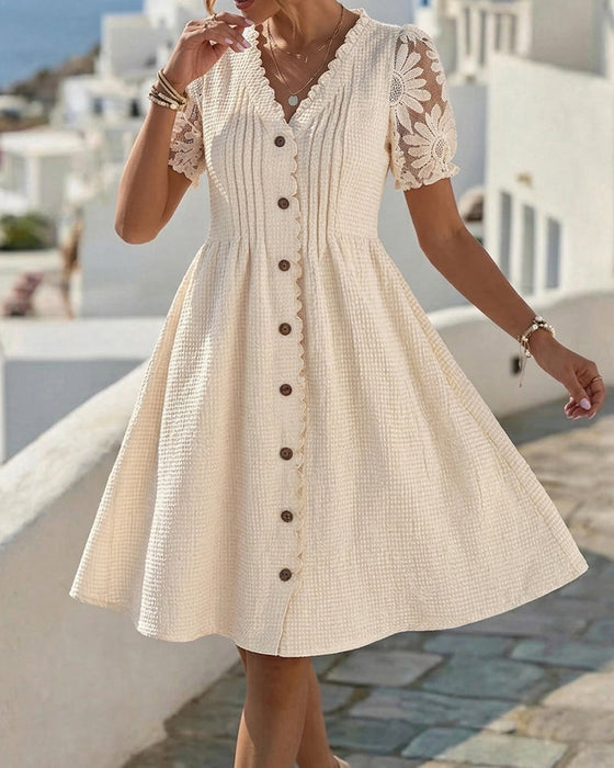 Kleid Puffärmel Sonnenblume Spitze Patchwork