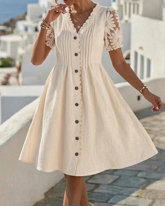 Kleid Puffärmel Sonnenblume Spitze Patchwork