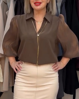 Bluse elegant mit Kragen Chiffon Puffärmel