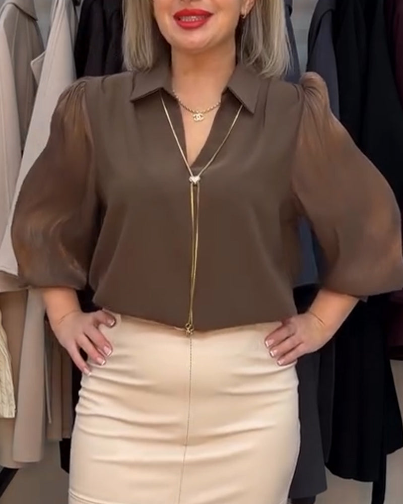 Bluse elegant mit Kragen Chiffon Puffärmel