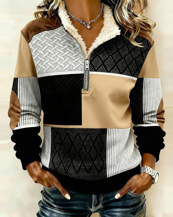 Sweatshirt Halb Reißverschluss Flauschgefüttert Colorblock