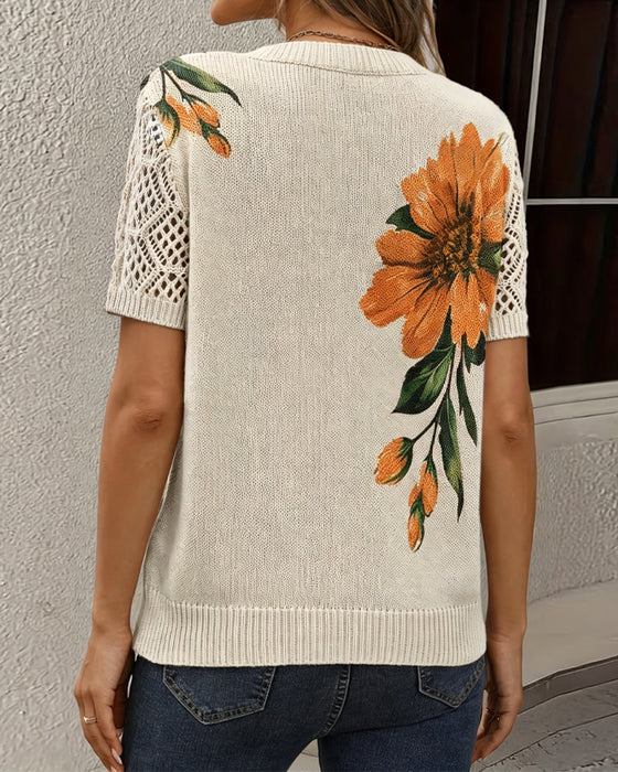 Pullover V-Ausschnitt Gestrickt Geblümt