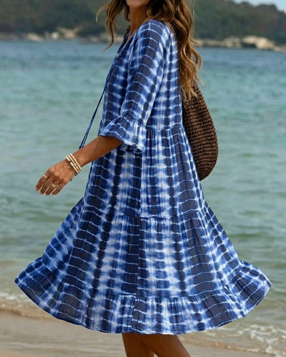 Kleid V-Ausschnitt Blauton Print