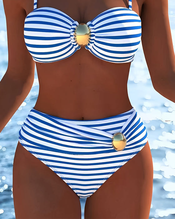 Bikini Spaghettiträger Gestreifter Plastikknopf