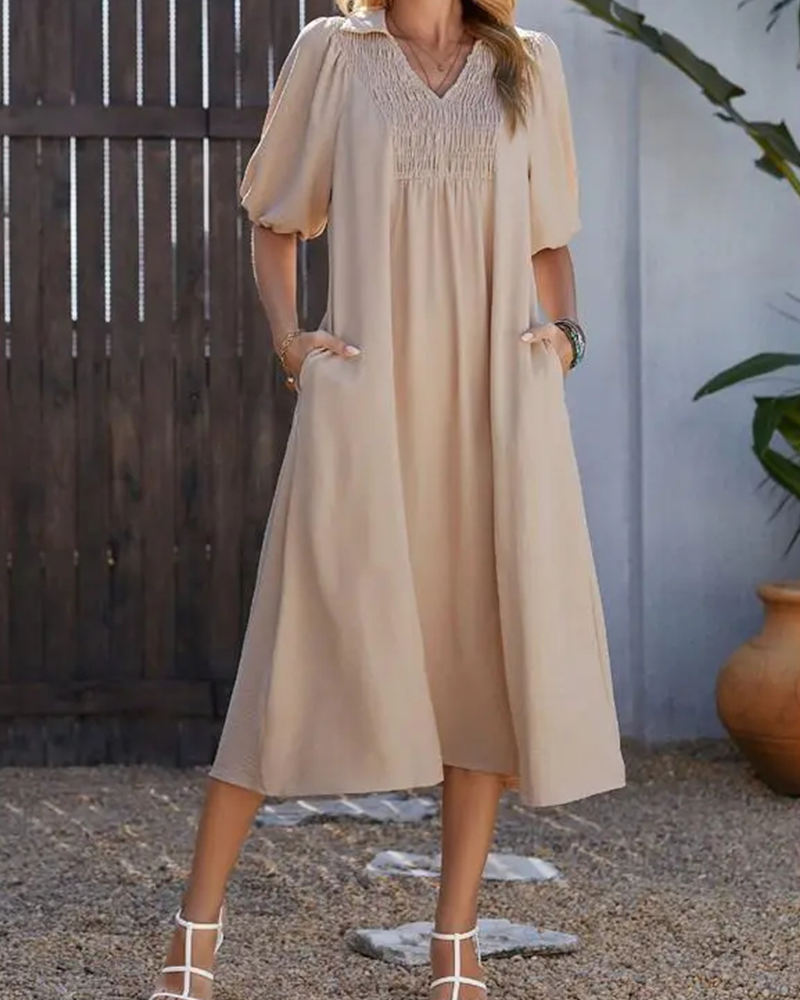 Kleid V-Ausschnitt Klappe Puff Ärmel Maxi