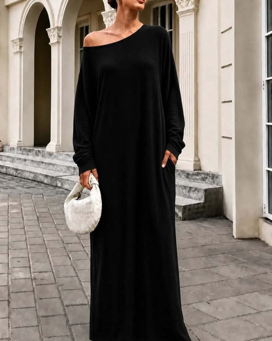 Kleid Asymmetrisch Off-Shoulder Langarm Tasche Maxi